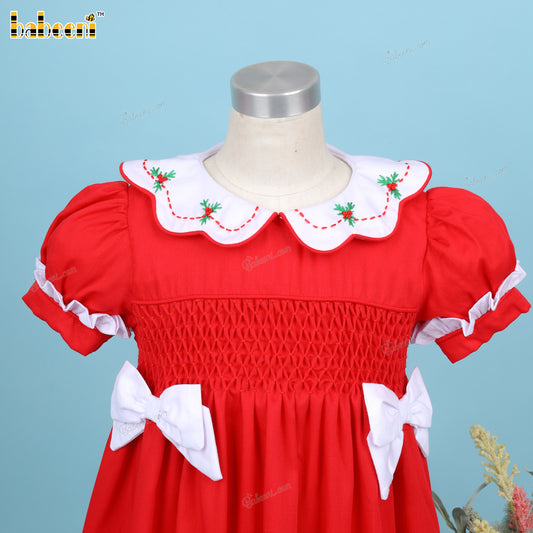 Honeycomb Smocked Dress Red Hand Embroidery Christmas Tree For Girl - DR3730