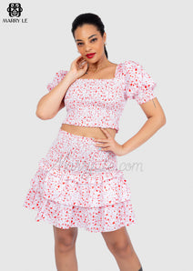 WOMEN CASUAL TIERED SMOCKED PINK TOP AND SKIRT SET - MD246