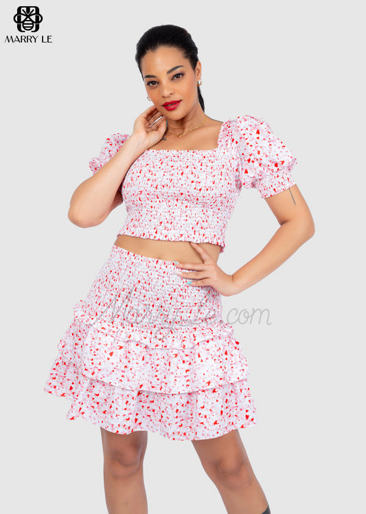 WOMEN CASUAL TIERED SMOCKED PINK TOP AND SKIRT SET - MD246