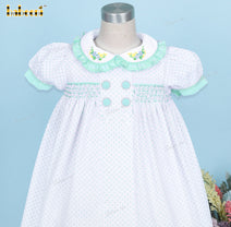 Honeycomb Smocking Dress Mint Green Dots On White For Girl - DR3690