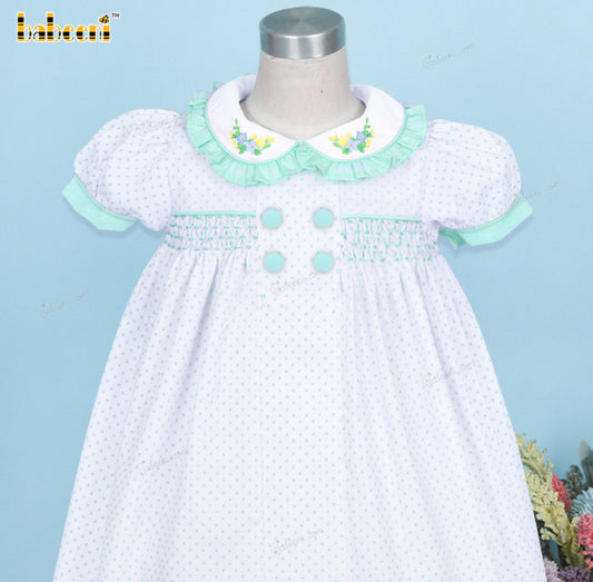 Honeycomb Smocking Dress Mint Green Dots On White For Girl - DR3690