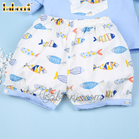 Colorful fish boy short set baby blue top print shorts - BC 917