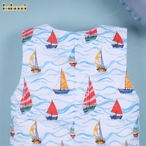 Boys set with Boat machine embroidery with printed fabric - DR4185