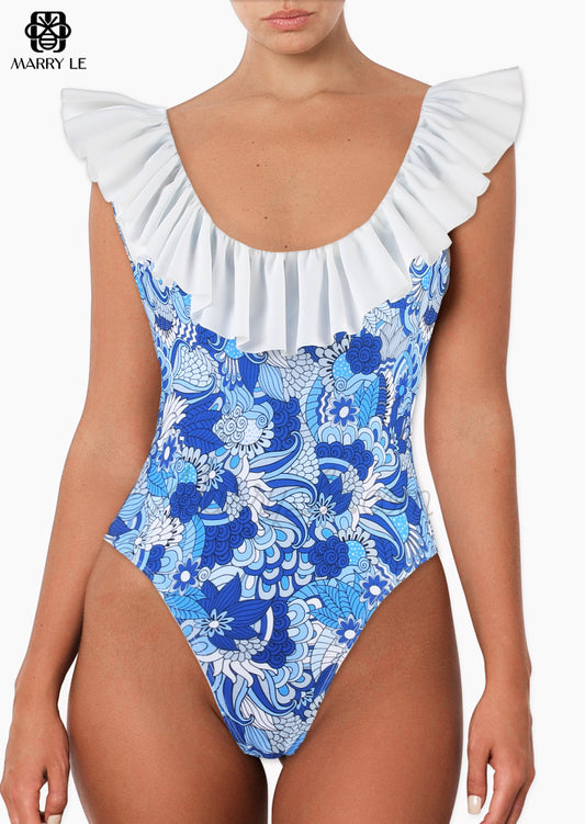 COOL FLORAL RUFFLES COLLAR WOMEN SWIMWEAR - MD 69