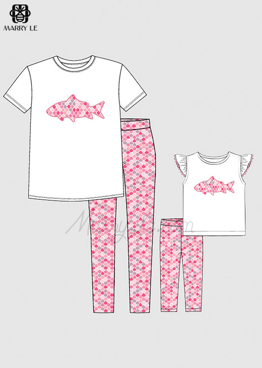 APPLIQUED FISH MOM AND GIRL MATCHING PINK OUTFIT - MD191