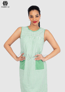 SLEEVELESS GREEN SMOCKED HOUSE DRESS - MD335