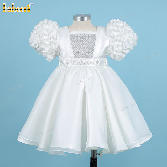 Girl White Taffeta Hand Smocked Dress - DR3794
