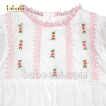 Embroidery roses pink lace white swiss dot baby bubble- DR 3017