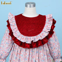 Honeycomb Smocked Dress Floral And Red Velvet For Girl - DR3703