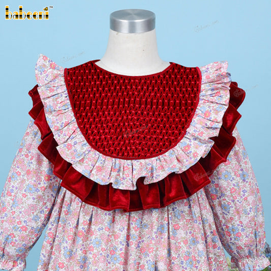 Honeycomb Smocked Dress Floral And Red Velvet For Girl - DR3703