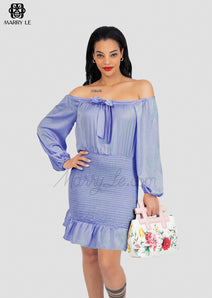 OFF-SHOULDER BUSINESS CORNFLOWER BLUE SATIN DRESS - MD166