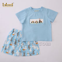 Smocked Easter bunny and eggs blue boy set - BC 931