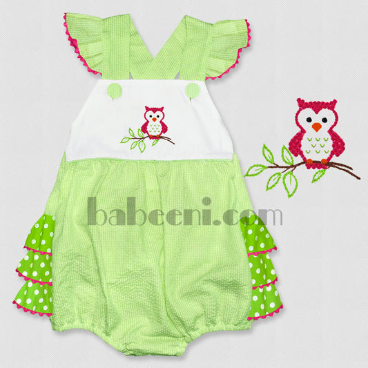 Hot pink owl embroidery and french knot girls bubble - DR 1771