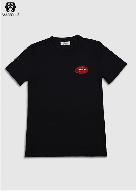 MOUTH EMBROIDERED BLACK T-SHIRT FOR WOMEN - MD129