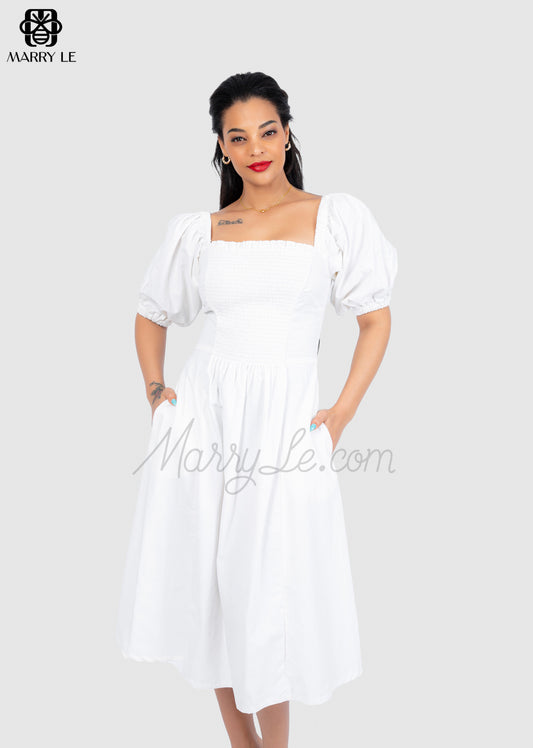 WOMEN PUFF SLEEVE OFF-SHOULDER WHITE MIDI DRESS - MD303