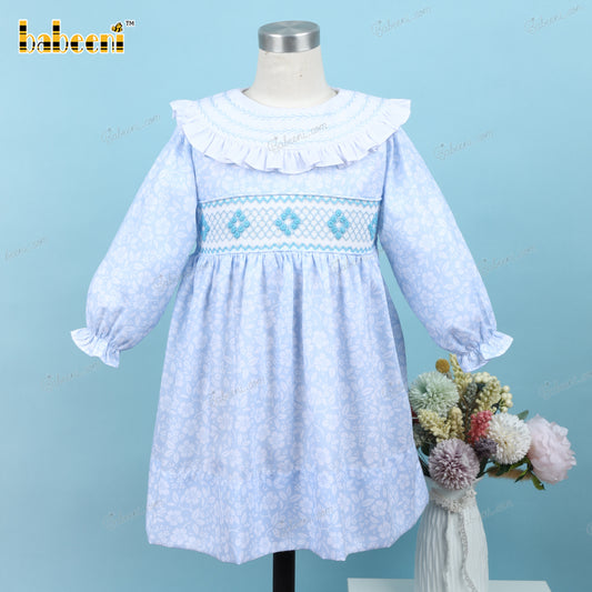 Geometric Smocked Belted Dress In Blue For Girl - DR3608