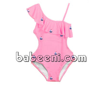 Nice boat appliqued cut out waist swimsuit for cute little girl - SW 372