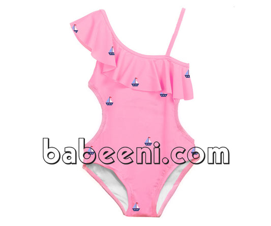 Nice boat appliqued cut out waist swimsuit for cute little girl - SW 372