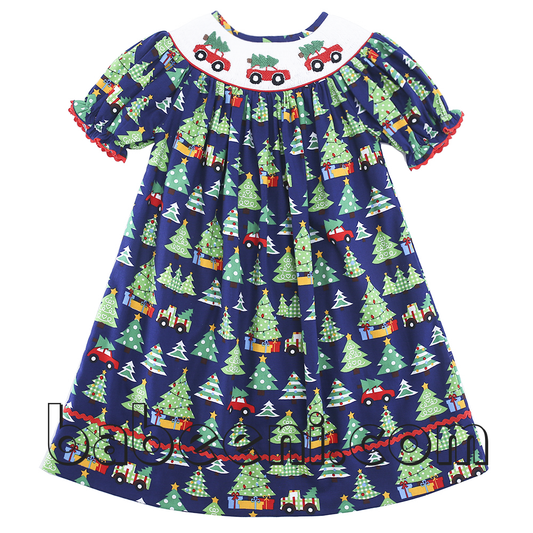 Christmas tree smocked bishop dress - DR 2915