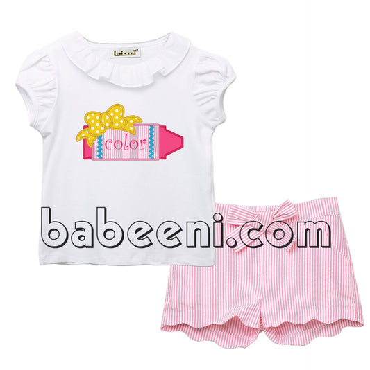 Cute crayon applique short set for girl - DR 2504