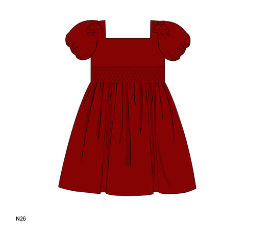 Honeycomb Smocking Dress Red With Bows On Shoulders For Girl - DR3583