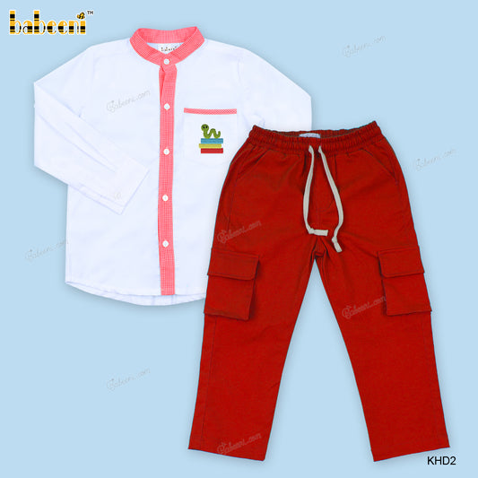 Hand Embroidery Snake On Chest Red Cargo Outfit For Boy - BC1129