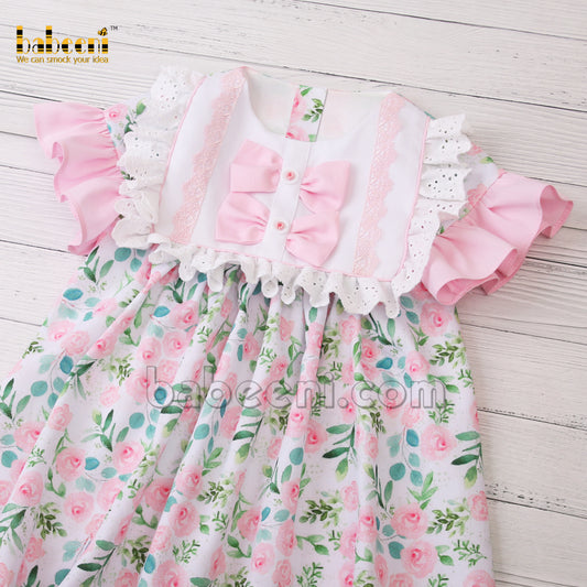 Lovely little girl pink floral dress with embroidered buttons- DR 3208