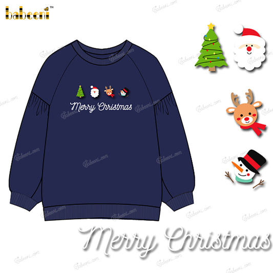 Boy Navy Blue Shirt Christmas Theme Hand Embroidered - BC1302