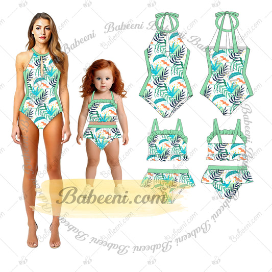 1-pieces Swimwear For Lady Spring-Summer with light green tropical leaf pattern - DR4200