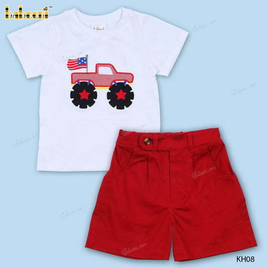 Applique Outfit Monster Truck US Flag For Boy - BC1121