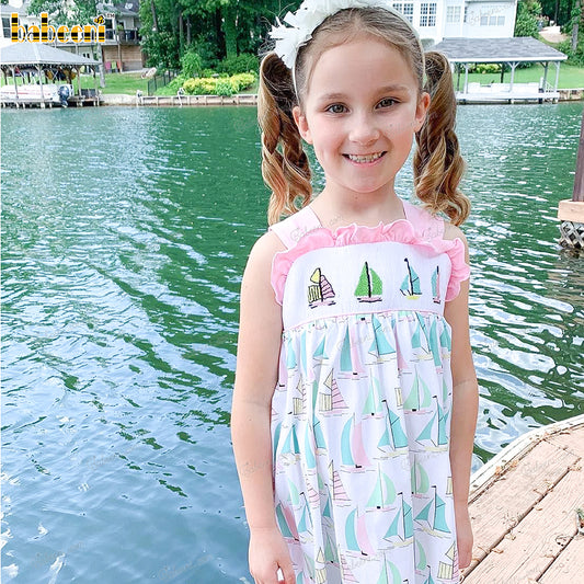 Smocked Sundresses In Light Pink With Boats For Girl