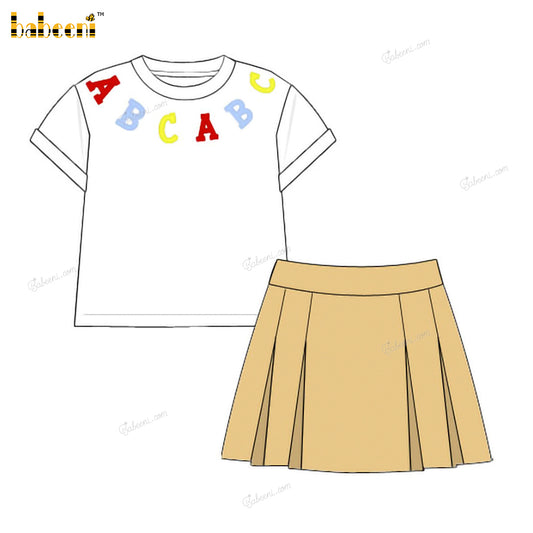 Girl Outfit In White And Beige ABC Letters Embroidered - DR3965