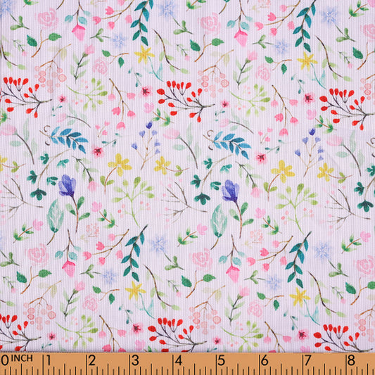 F52 - tiny colorful wildflower printed 4.0 on white pique fabric
