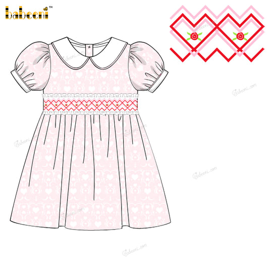 Girl Hand Smocked Pink Dress Witn Hand Embroidered Flower - DR3848