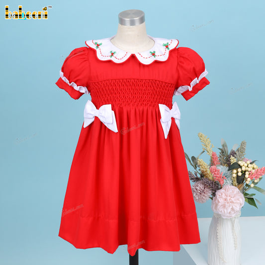 Honeycomb Smocked Dress Red Hand Embroidery Christmas Tree For Girl - DR3730
