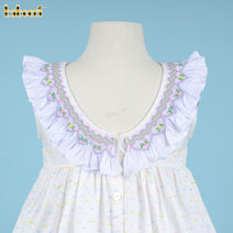 Girl Geometric Smocked Dress In White Flower Hand Embroireded - DR3787