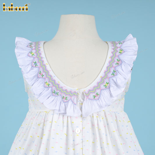 Girl Geometric Smocked Dress In White Flower Hand Embroireded - DR3787