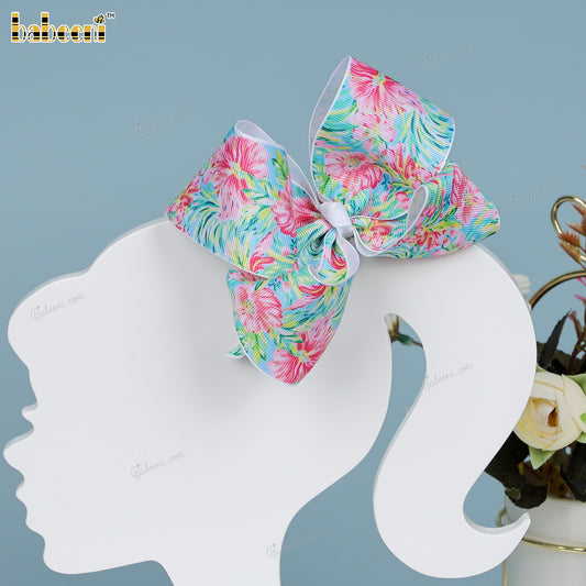 Pink flower with tropical pattern bow for children - HB155