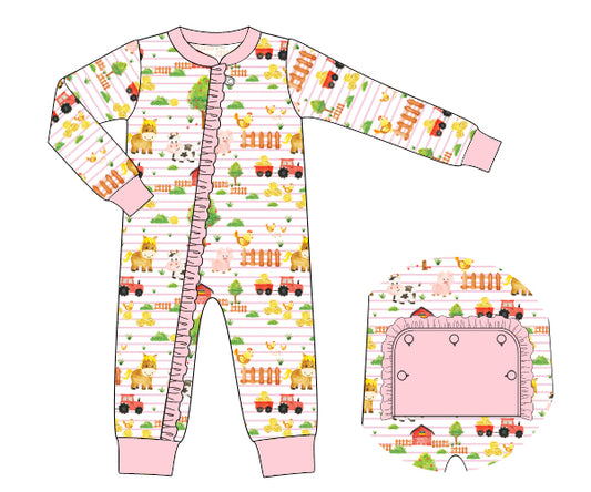 K224 - farm animals on pink stripe knit printed 4.0 fabric