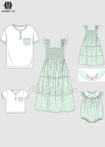 FAMILY MATCHING MINT FLORAL SHIRRED TIERED MIDI DRESS AND TSHIRTS SET - MD457