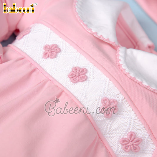 Flower hand smocked pink sleep suits for twins – GS 05