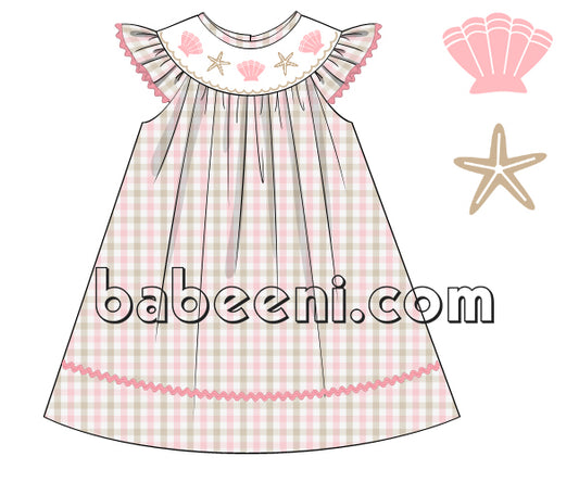 Exquisite hand-smocked shells and starfish bishop dress- DR 2574