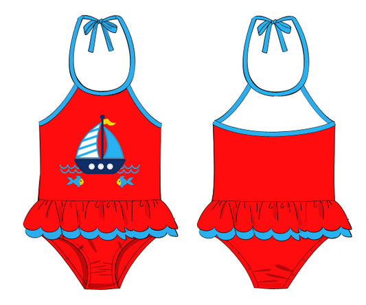 Adorable sailboat appliqued girl swimwear - SW 424