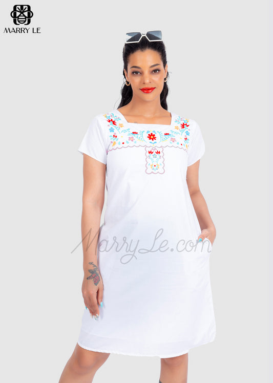 FLOWER EMBROIDERED WHITE DRESS - MD09