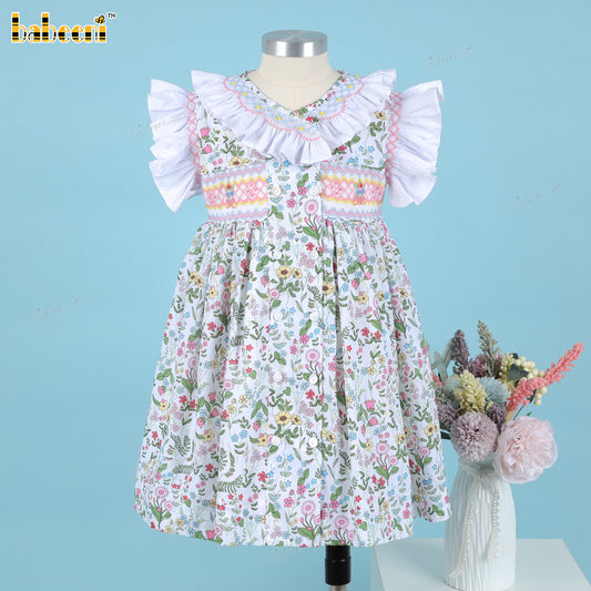 Girl Floral Geometric Smocked Dress Pink Line - DR3782