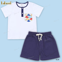 White Top Car Printing Navy Blue Bottom Outfit For Boy - BC1128