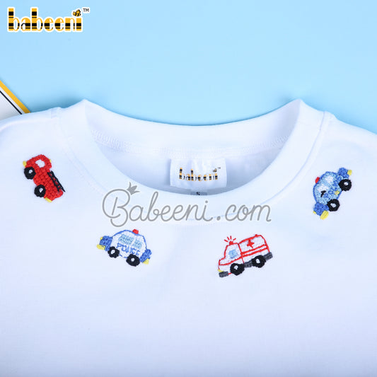 Boy white shirt with Hand embroidery of car – BC 1090