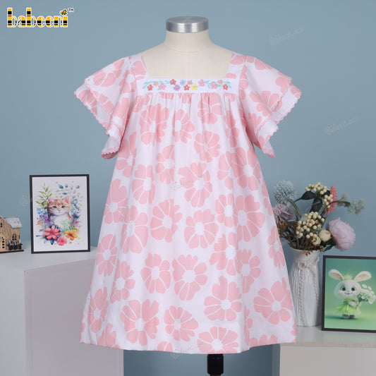 Girl dress woven 4.0 printing pink flower with handmade bead embroidery jewellery - DR4155