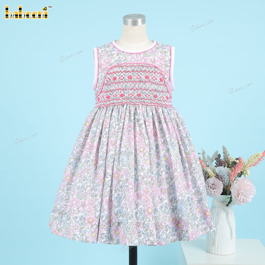 Girl Geometric Smocked Dress Green Floral - DR3792