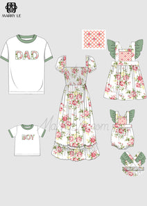 FAMILY MATCHING FLORAL SHIRRED MIDI DRESS AND APPLIQUE TSHIRTS SET - MD454